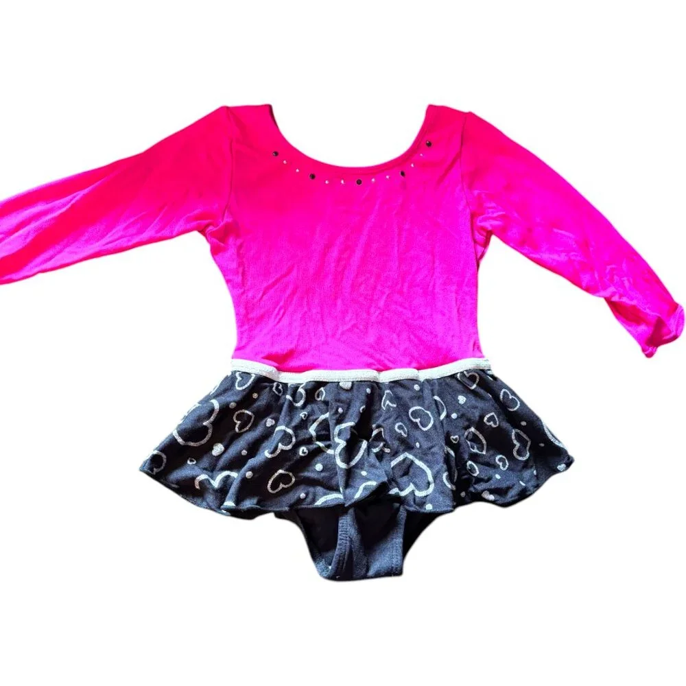 Jacques Moret girl skirted leotard pink black long sleeve gymnastic dance XS 4-5